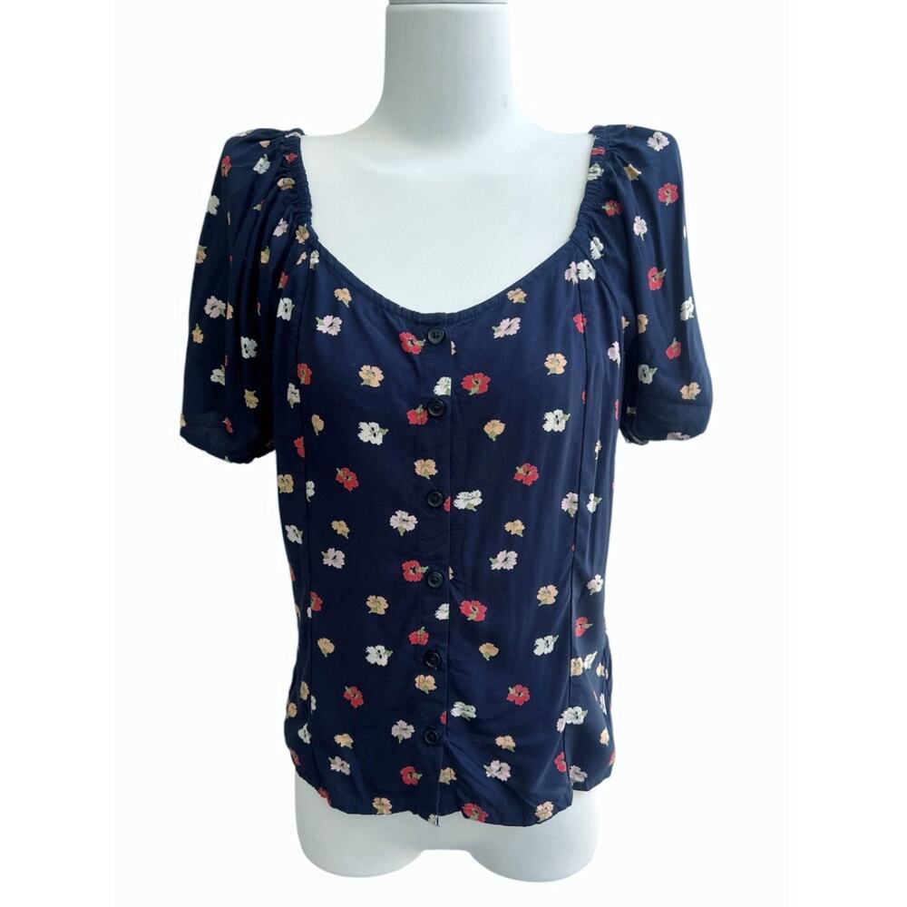 Madewell Floral Short Sleeve Button Front Blouse Sz XS Cinched Back Cottagecore